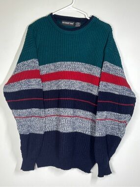Botany 500 Men’s Teal, Navy & Red Striped Crewneck Sweater